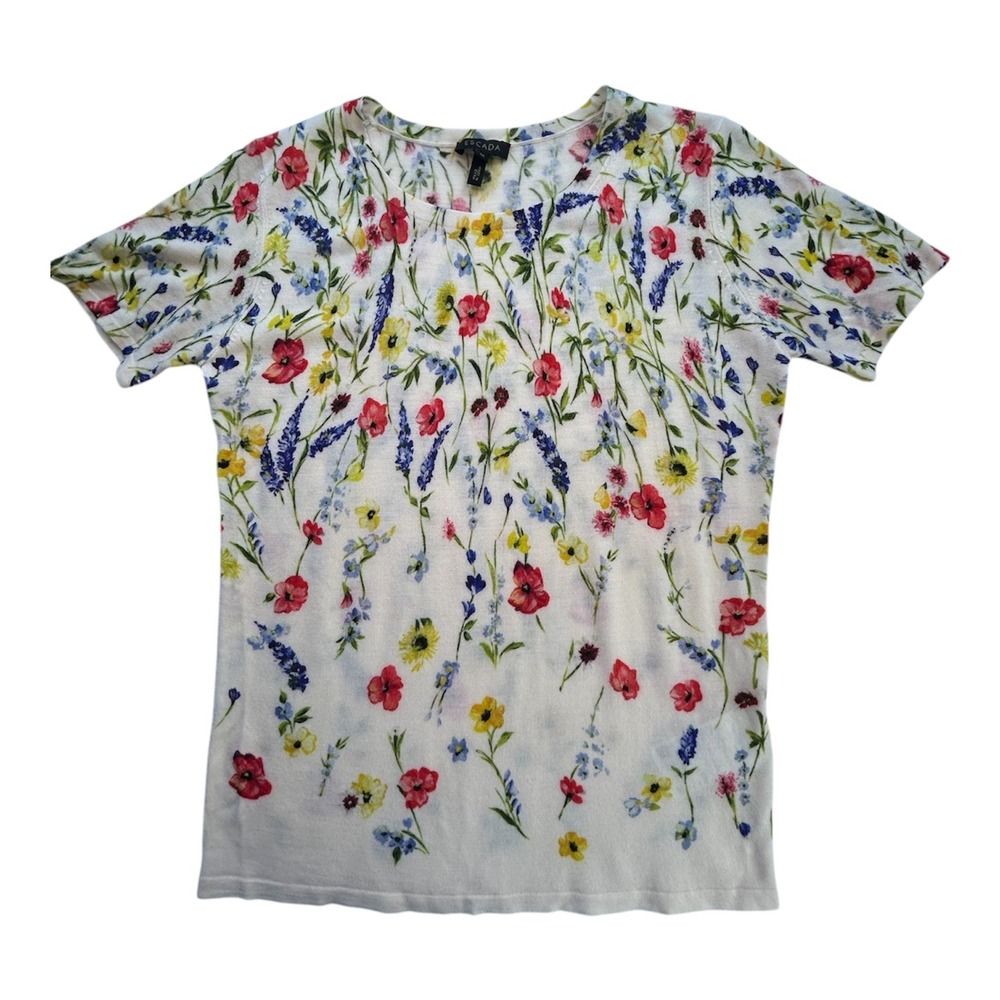 Escada Sweater 100% Virgin Wool Women Medium Floral Print Short Sleeve Knit
